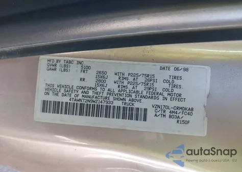 1998 Toyota Tacoma Base V6 z USA, uszkodzony, nr VIN 4TAWN72N9WZ147933